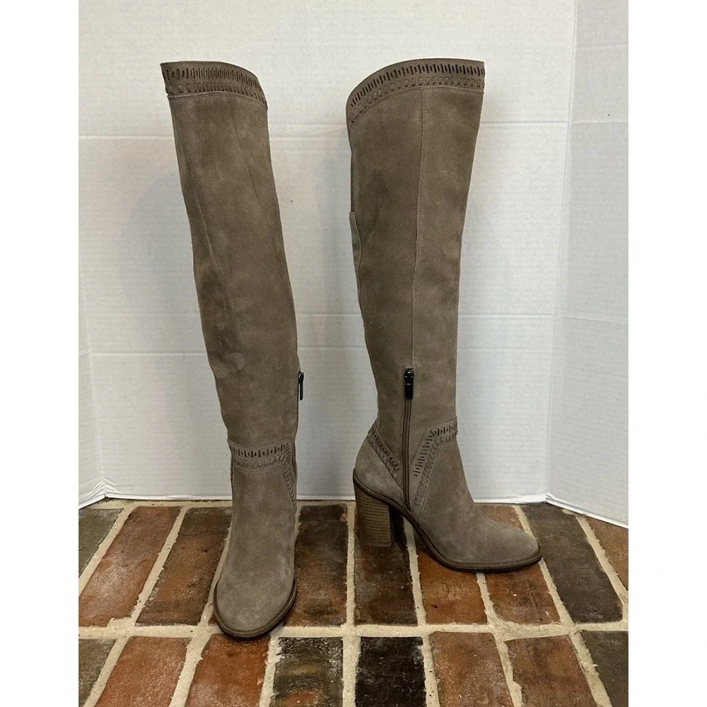 Vince Camuto Over the Knee Suede Boots Tan / Taupe Leather Size 6.5 OTK 22